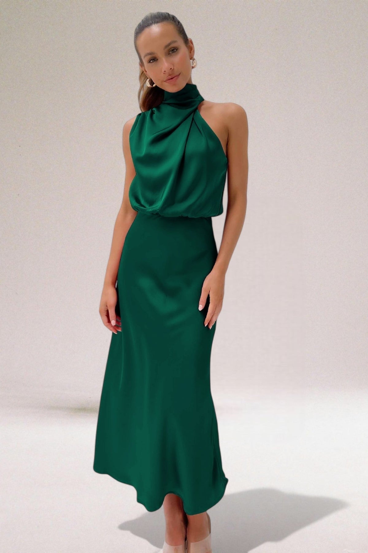 High Neck Satin Draped Cowl Sleeveless Column Maxi Dress 6