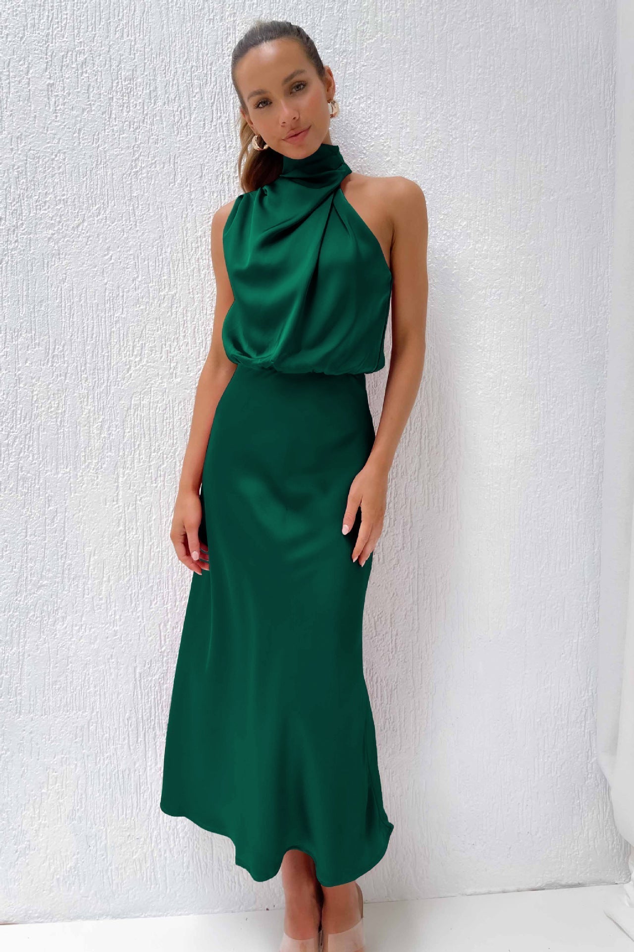 Vanessa Effortless Long Satin Dress with American Neckline Designer Edit