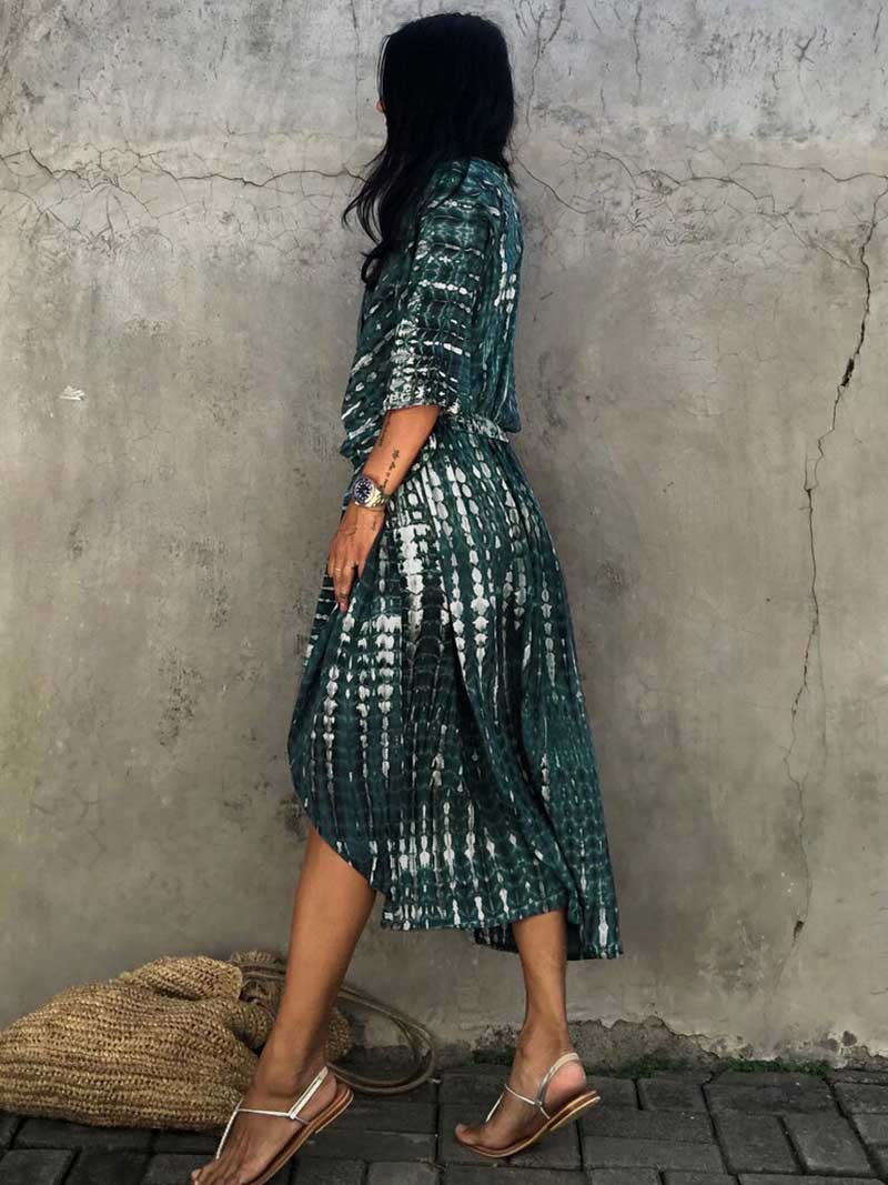 Tie-Dye Print Belted Short Sleeve Long Kimono Duster Robe 26