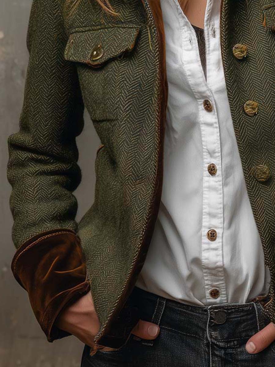 Olive Stand Collar Herringbone Tweed Contrast Cuff Button Front Jacket 5