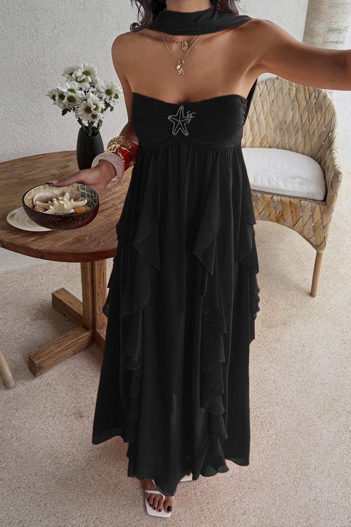 Strapless Starfish Detail Tiered Ruffle Chiffon Maxi Dress 5