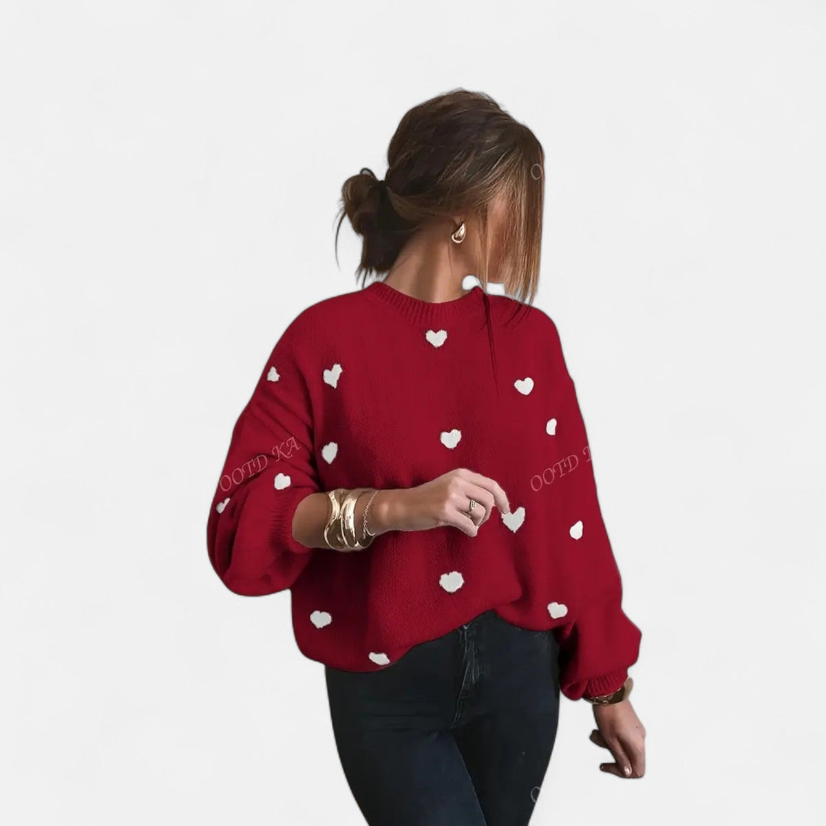 Round Neck Heart Motif Knit Long Sleeve Sweater