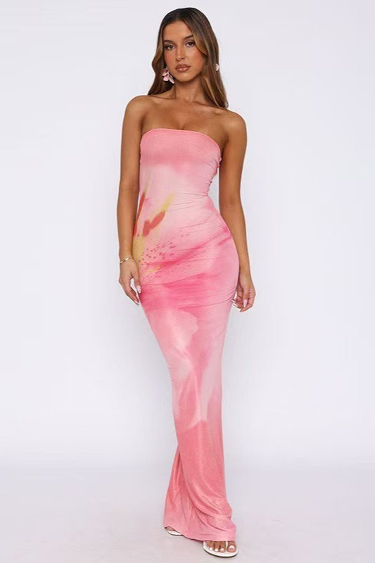 Strapless Large Lily Floral Print Mesh Bodycon Maxi Dress 4