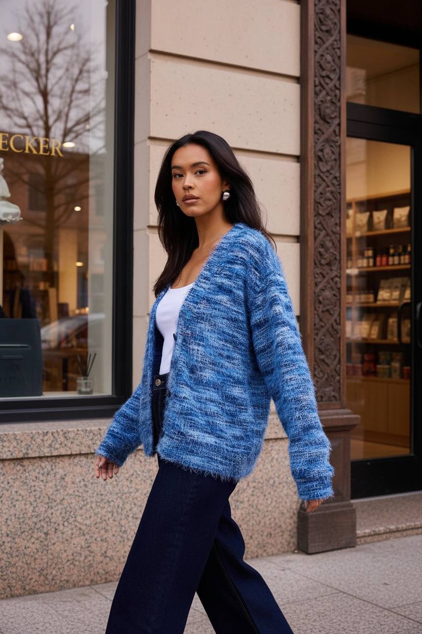 New Retro Fashion Deep VNeck Maillard Plush LongSleeve Knit Cardigan