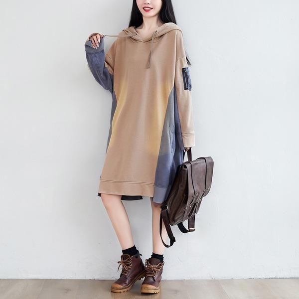 Patchwork Hooded Dress Ladies Plus Size Irregular Length Hooded Dresses