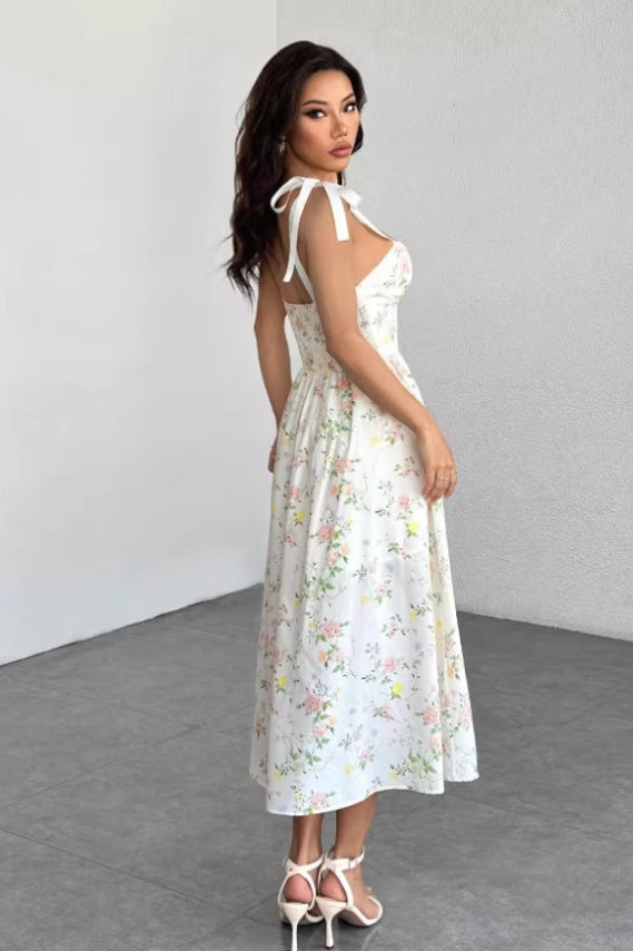 Spaghetti Strap Long Fitted Slim Floral Dress