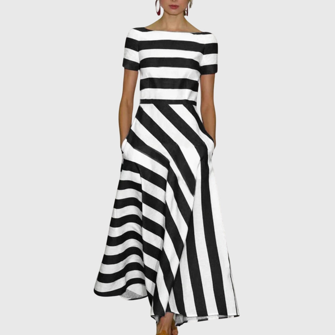 Boat Neck Striped Short Sleeve A-Line Maxi Dress