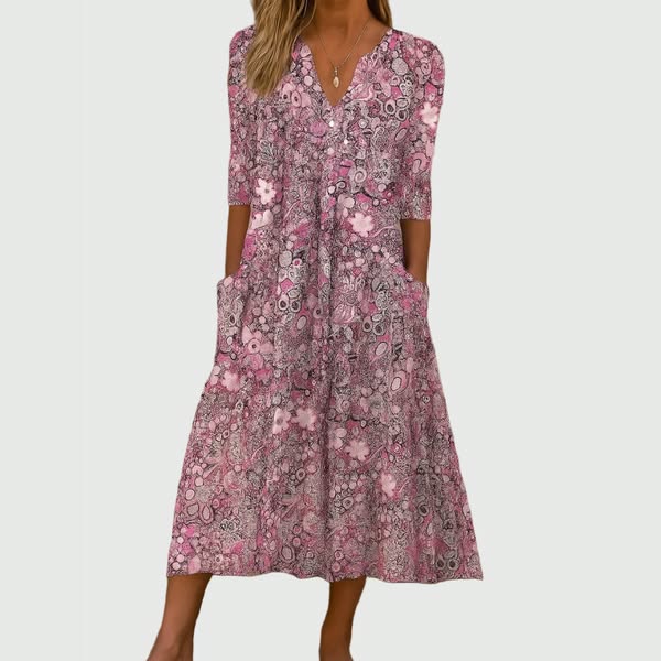 Split Neck Button Half Sleeve Floral Print Pocket A-Line Midi Dress