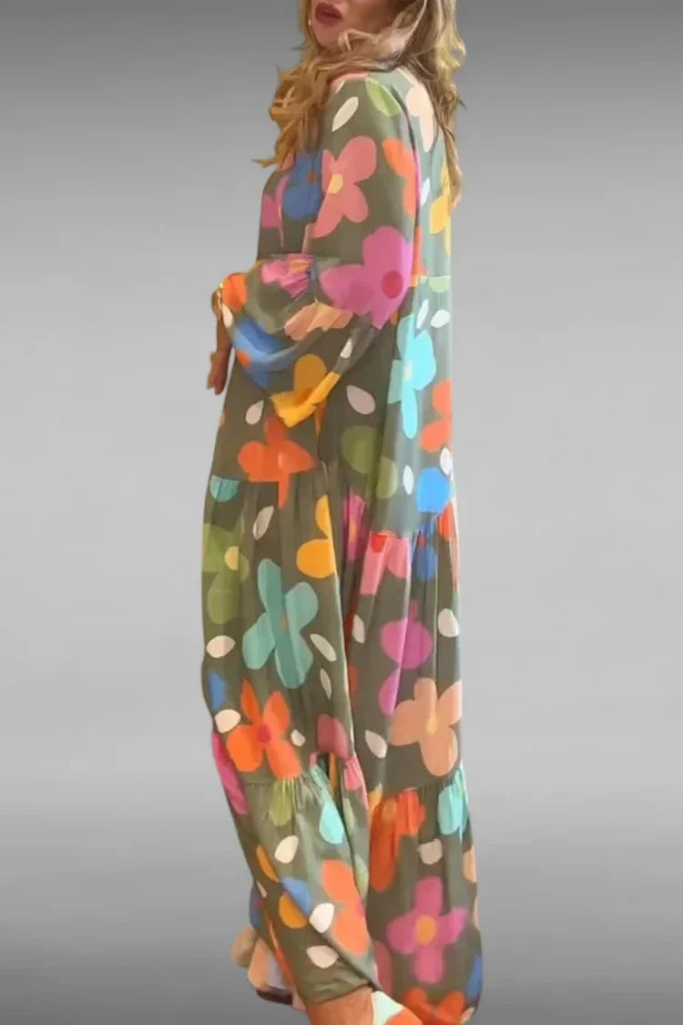 Green Long Sleeve Retro Floral Tiered Loose Maxi Dress