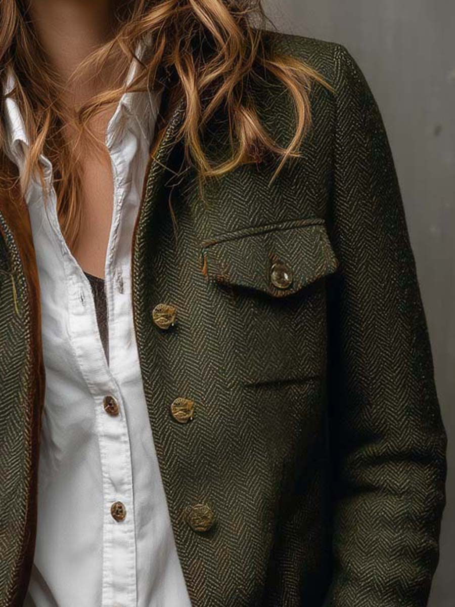 Olive Stand Collar Herringbone Tweed Contrast Cuff Button Front Jacket 6