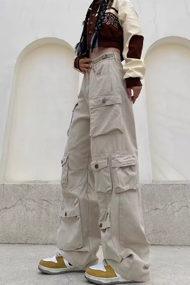 Street Style MultiPocket Wide Leg Cargo Straight Slim Pants