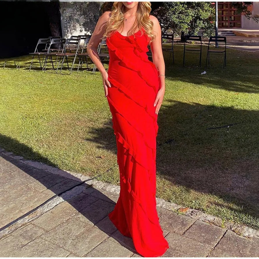 Elegant Ruffles Chiffon Backless Split Maxi Red Party Dress