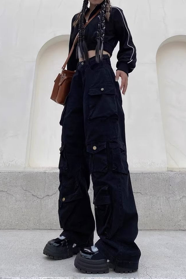 Street Style MultiPocket Wide Leg Cargo Straight Slim Pants