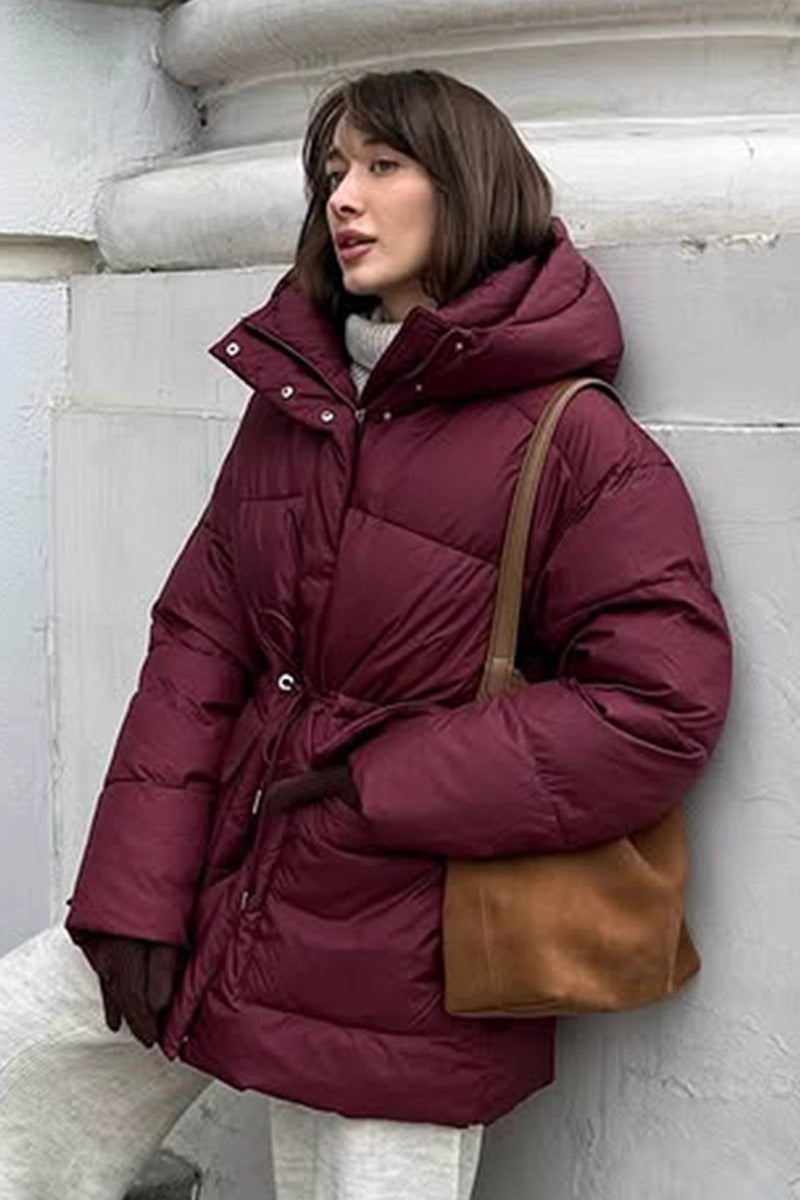 Wine Red Belted Hooded Puffer Coat