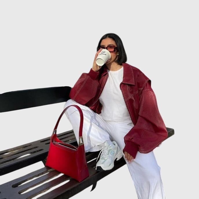 Red Spread Collar Contrast Stitch Oversized Leather Jacket