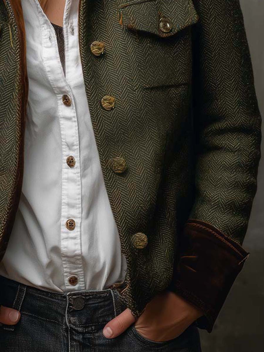 Olive Stand Collar Herringbone Tweed Contrast Cuff Button Front Jacket 7