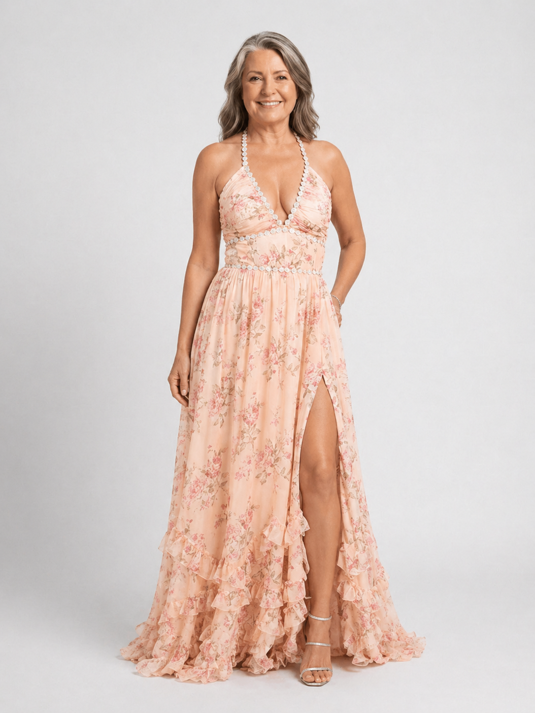 Pearl Halter Floral Print Sweetheart Ruffle Tiered Chiffon Maxi Gown 8