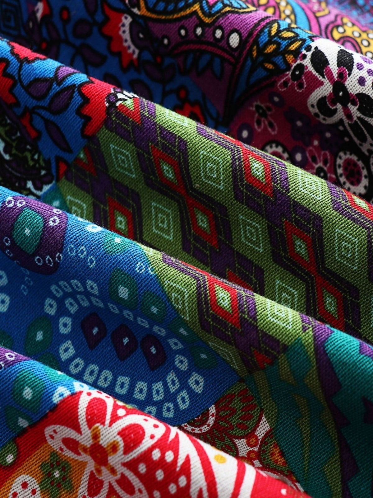 Hooded Ethnic Patchwork Print Fleece-Lined Button Front Longline Coat