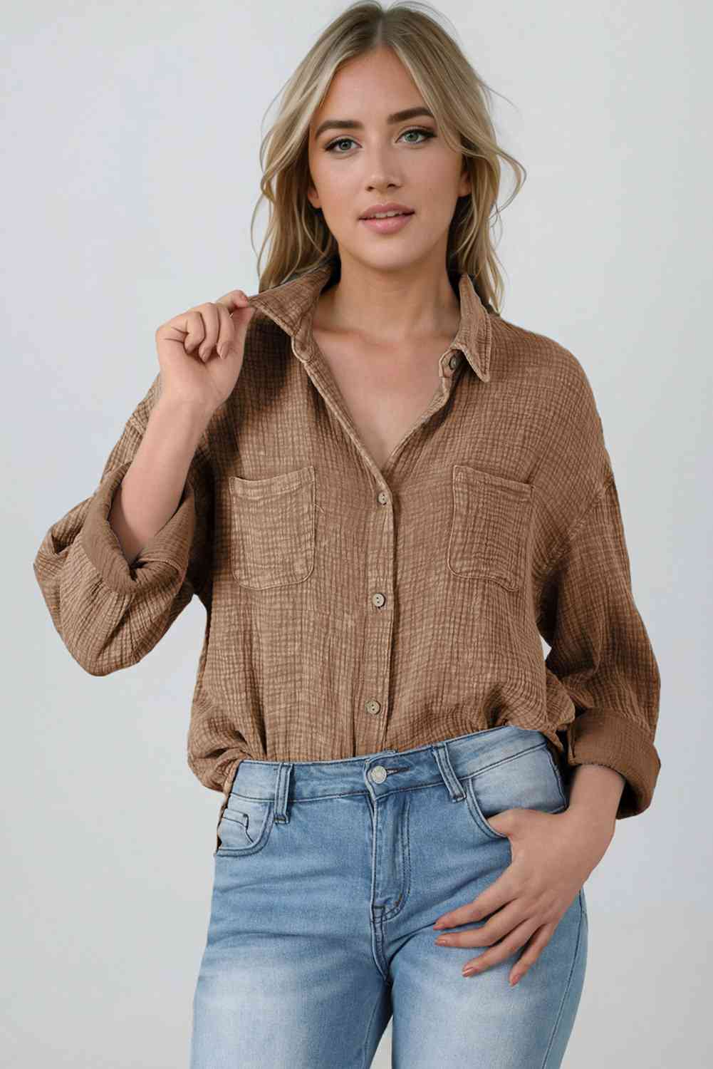 Textured Button Down Shirt Taupe button down shirt clothes Ship From Overseas shirt SYNZ top