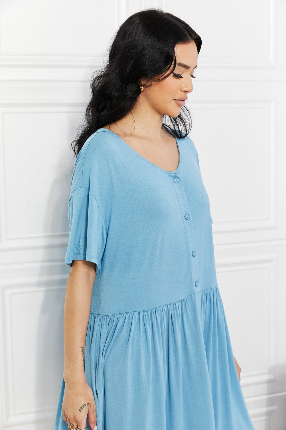 Sky Blue V-Neck Short Sleeve Button Up Flare Babydoll Mini Dress