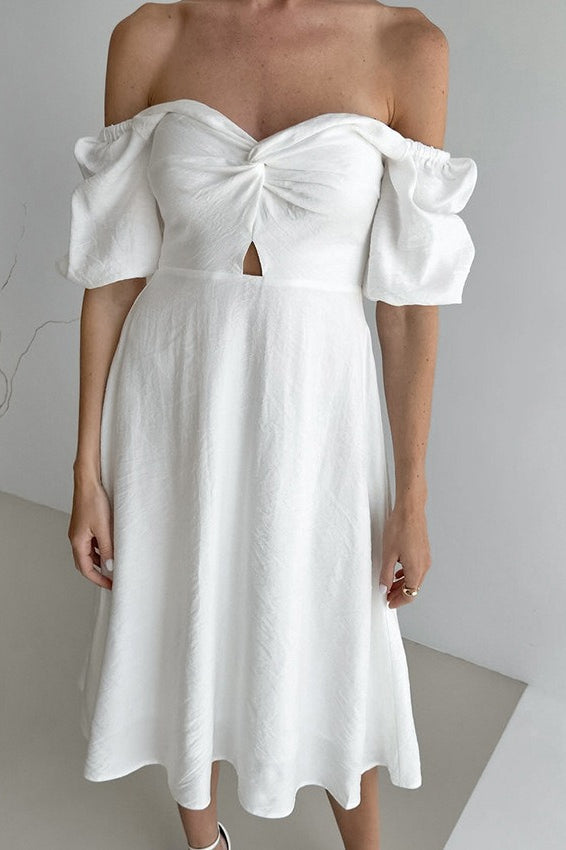 Off Shoulder Puff Sleeve Cotton Midi Dress