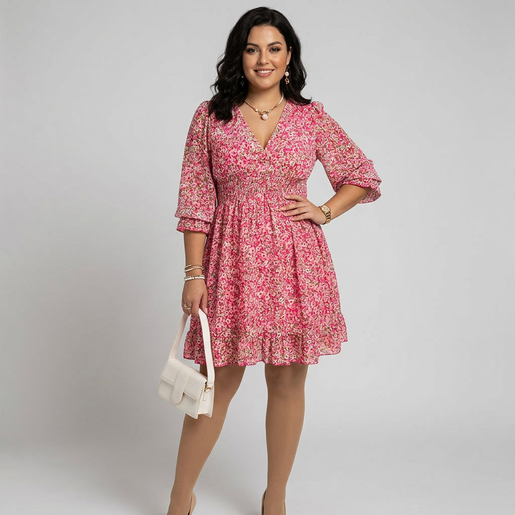 V-Neck Puff Sleeve Ditsy Floral Smocked Waist A-Line Midi Dress