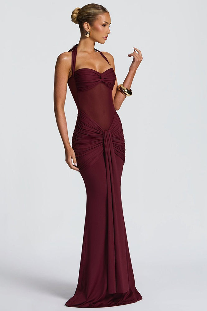 Mesh Paneled Fishtail Sash Bodycon Party Dress