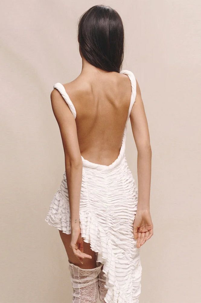 Pleated Oblique Hem Mini Dress