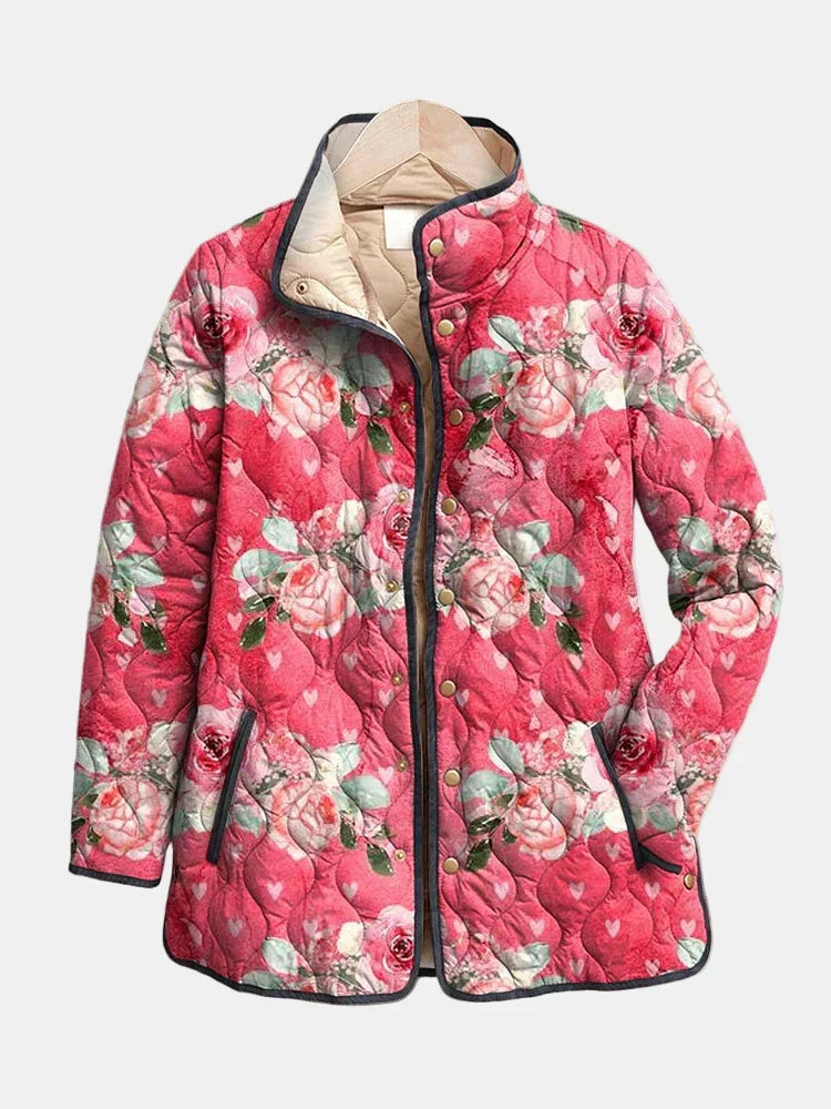 Pink Stand Collar Rose Floral Quilted Snap Button Jacket
