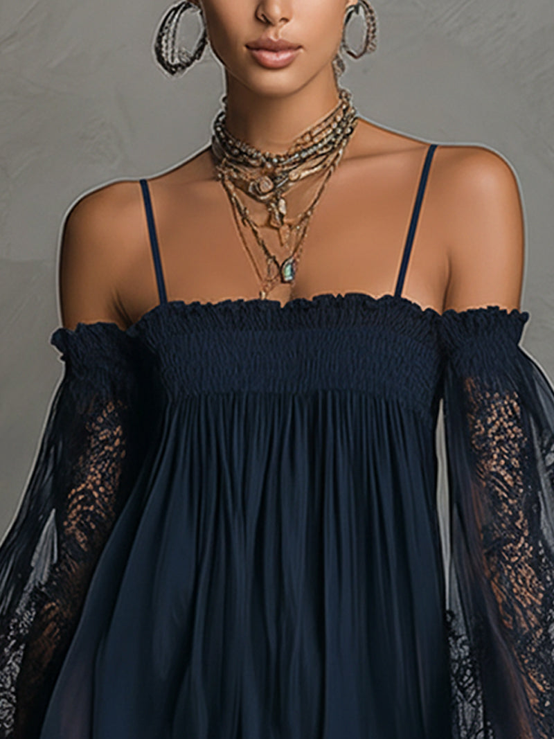 Navy Blue Off-Shoulder Smocked Lace Trim Sheer Sleeve Babydoll Mini Dress 7
