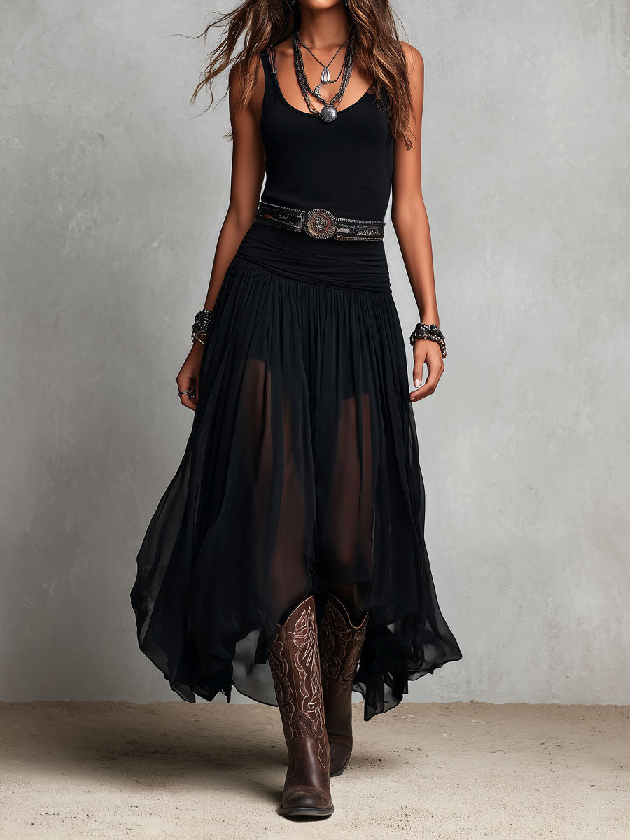Scoop Neck Sleeveless Sheer Handkerchief Hem Maxi Dress