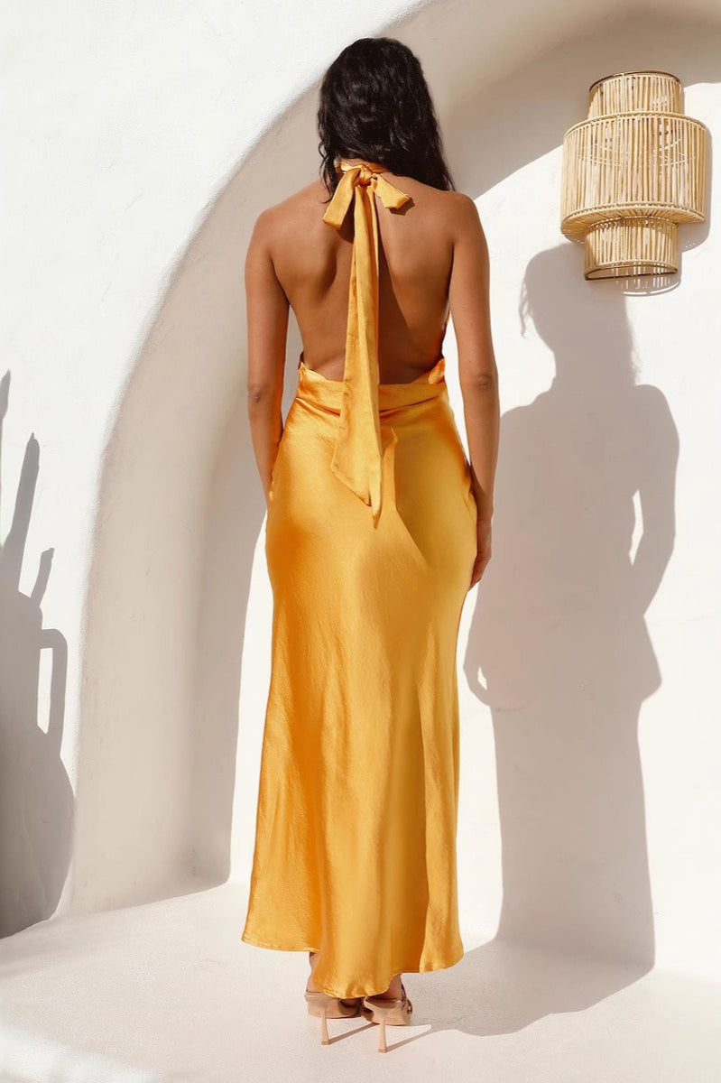 Halter Satin Solid SlimFit Cocktail Silk Dress