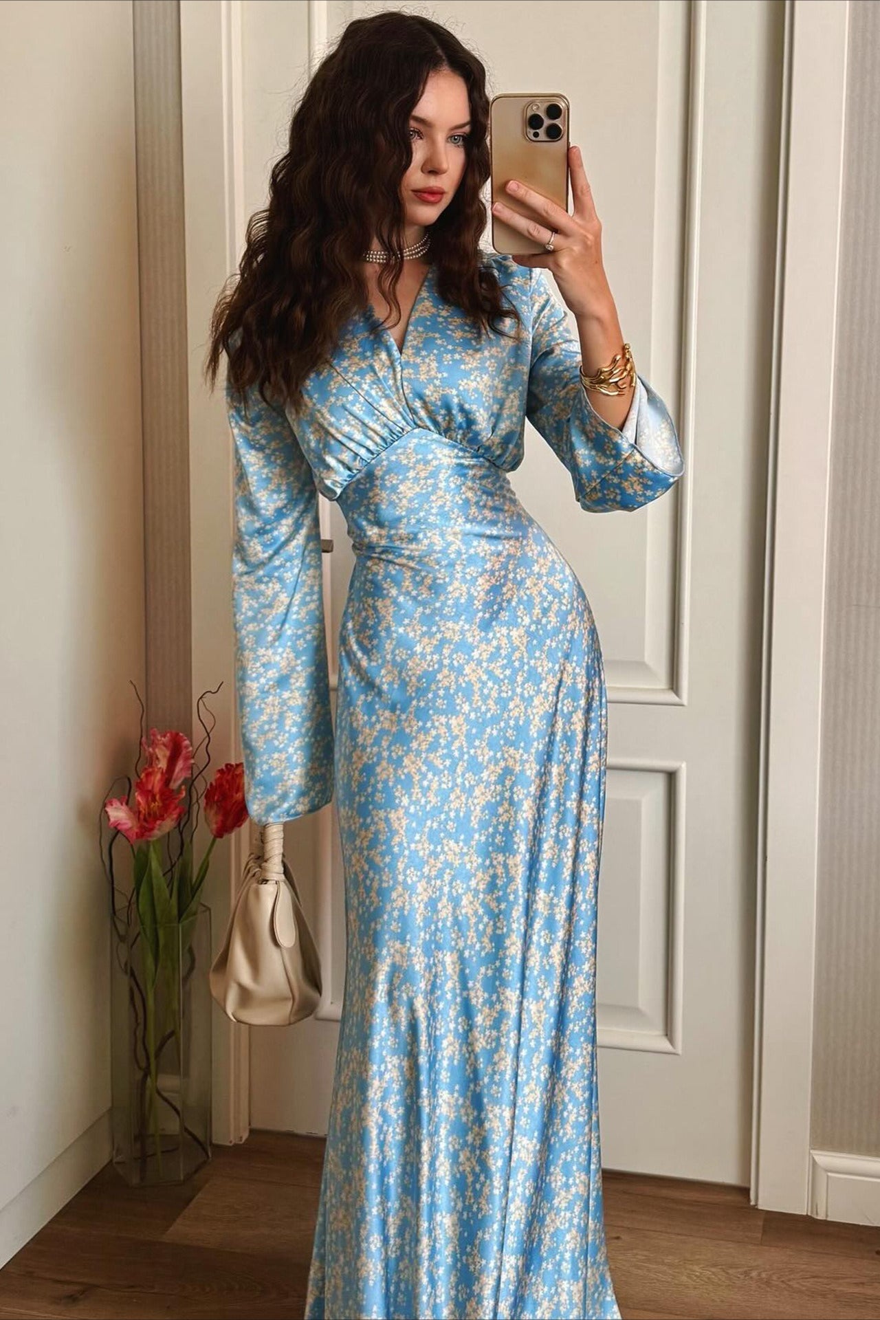 Deep V Neck Flared Sleeve Tiered Maxi Floral Print Dress 7