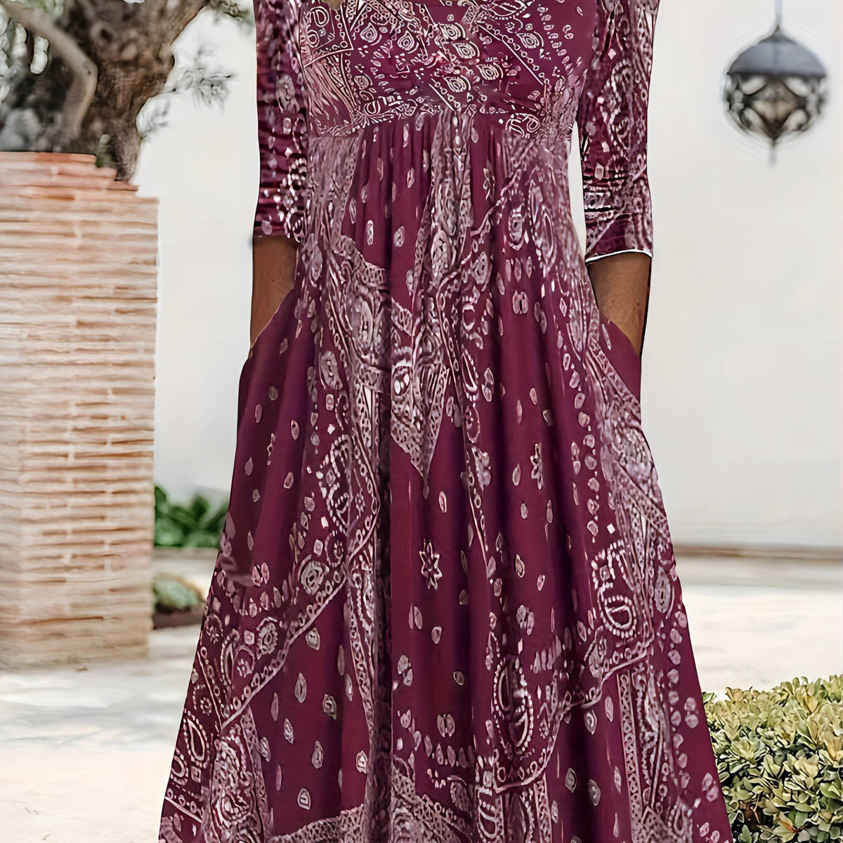Square Neck Paisley Print Empire Waist Pocket Midi Dress 13