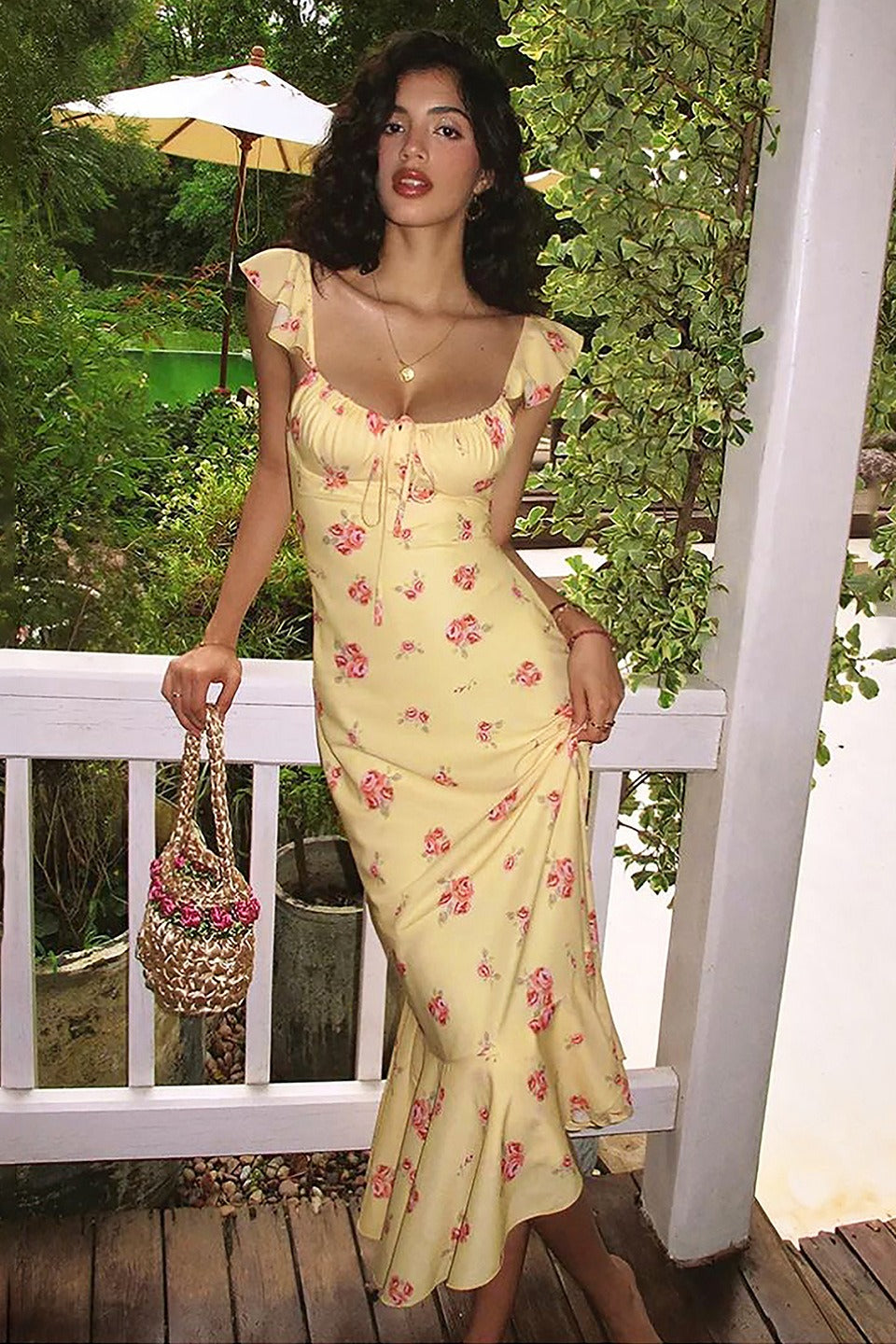 Flutter Sleeve Square Neck Floral Slip Dress
