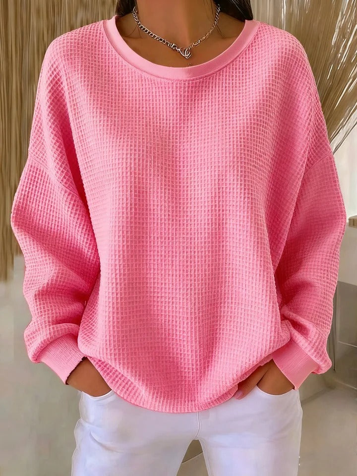 Round Neck Waffle Knit Long Sleeve Drop Shoulder Sweater
