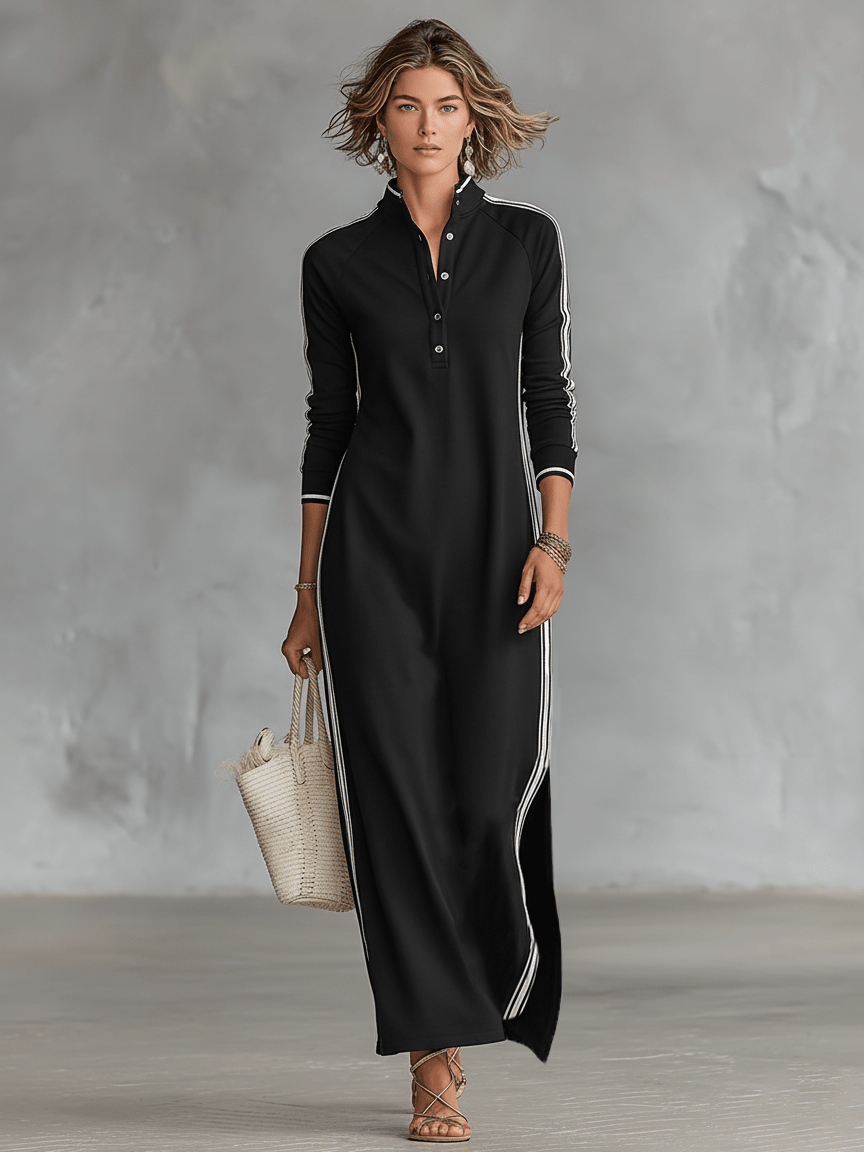 Stand Collar Button Placket Side Stripe Long Sleeve Maxi Dress