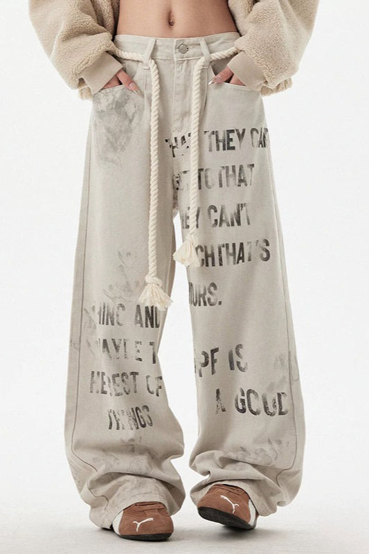 High Waist Letter Straight Jeans