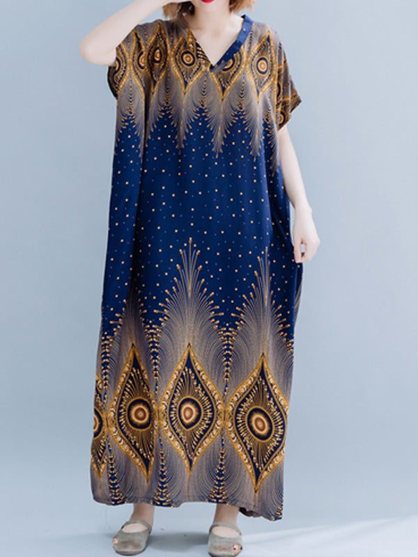 V-Neck Short Sleeve Peacock Feather Print Kaftan Maxi Dress