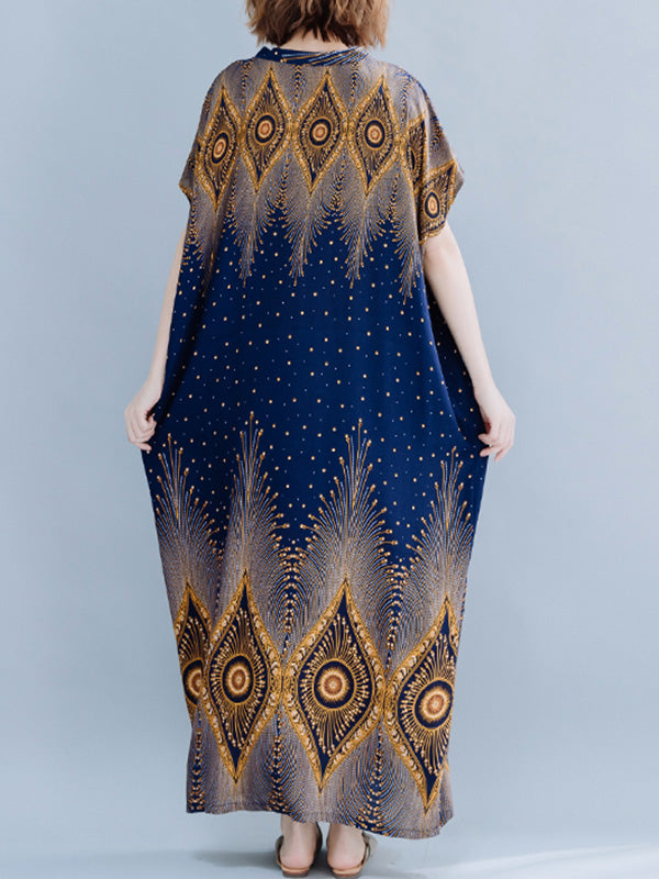 V-Neck Short Sleeve Peacock Feather Print Kaftan Maxi Dress