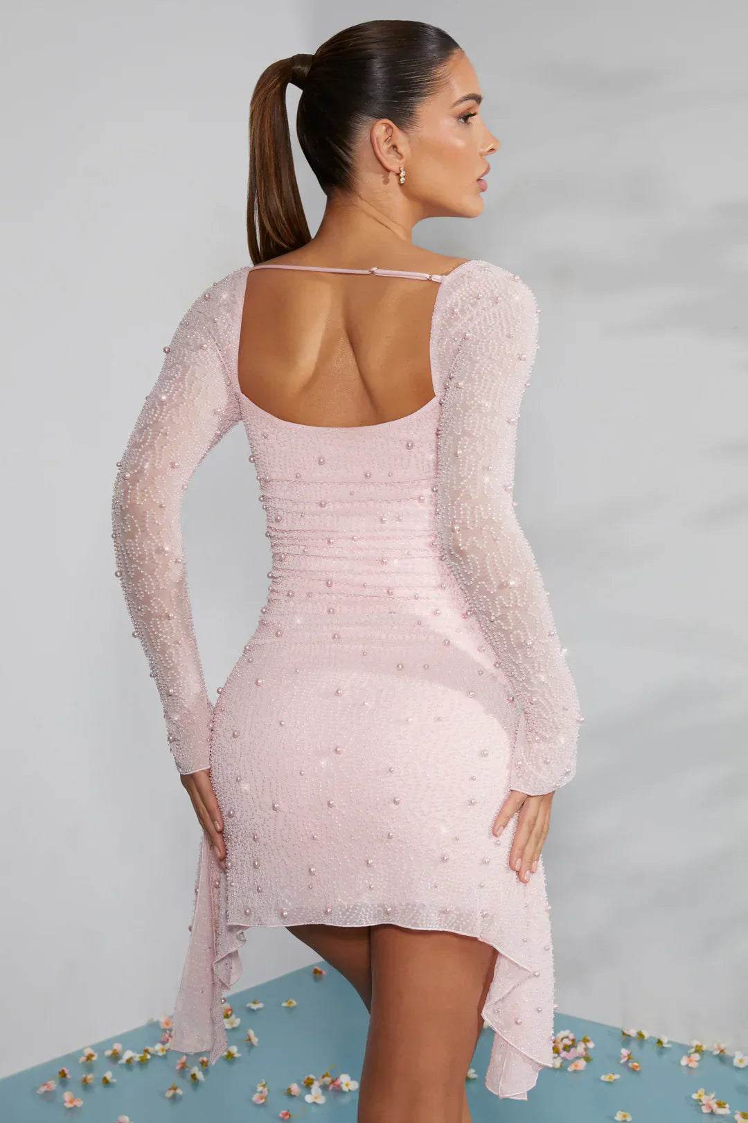 Sleeve Embellished Cowl Neck Mini Dress