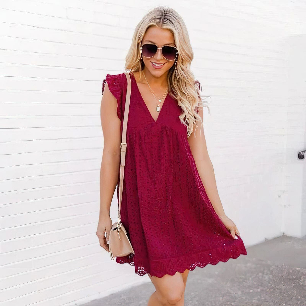 V-Neck Eyelet Flutter Sleeve Scalloped Hem Babydoll Mini Dress 5