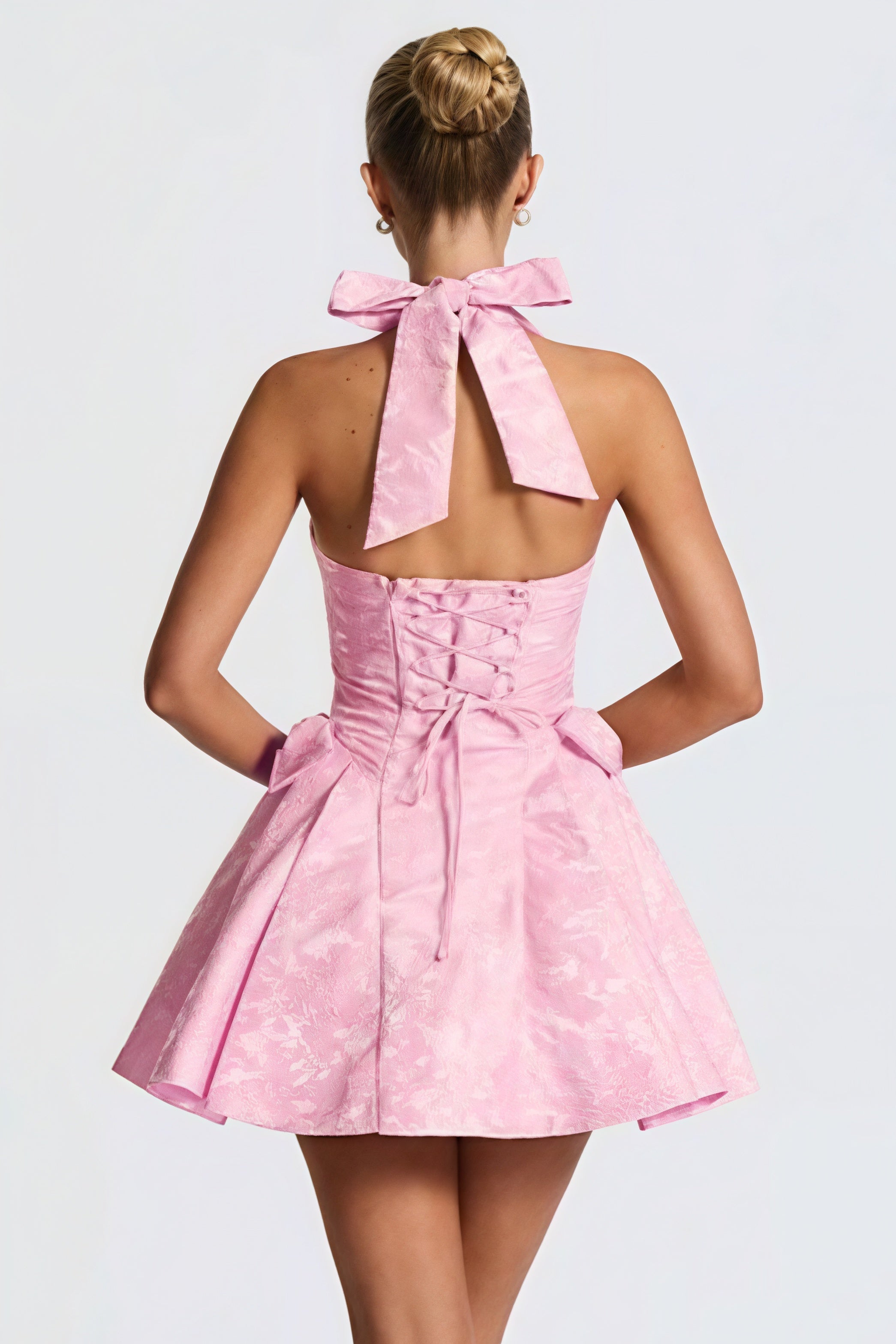 Pink Halter Deep V Neck Jacquard Floral Bow Detail Puff Skirt Mini Dress 3