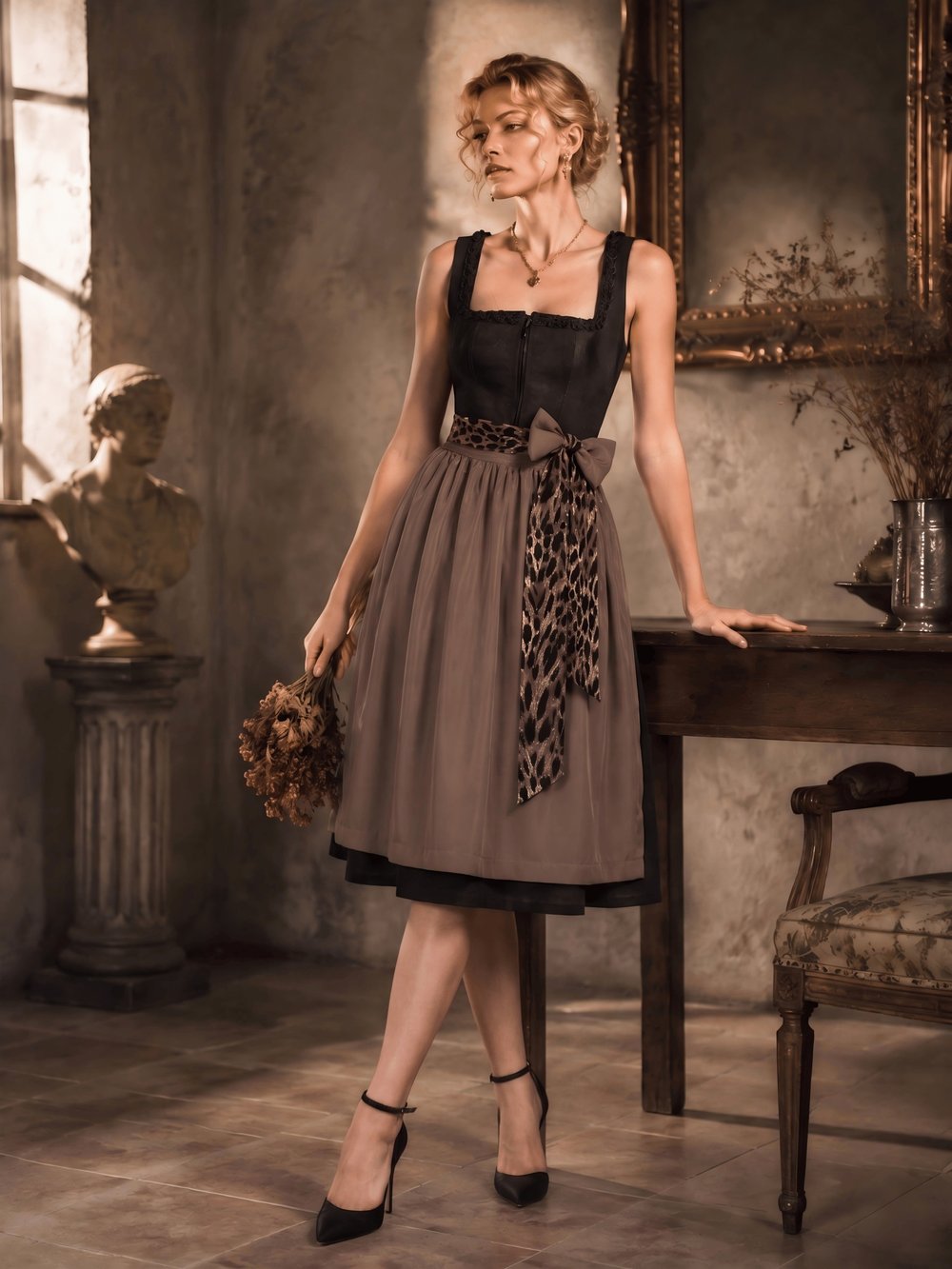 Square Neck Zip Front Leopard Bow Apron A-Line Midi Dress 2