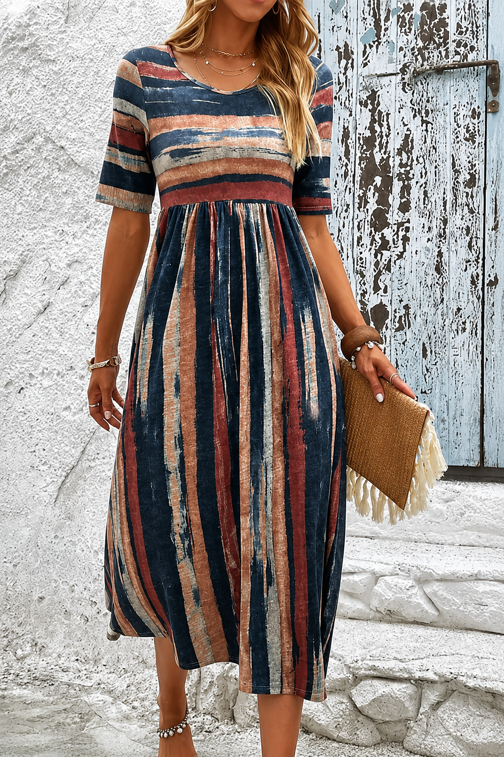 Multicolored Round Neck Short Sleeve Striped Empire Waist Pleated A-Line Midi Dress