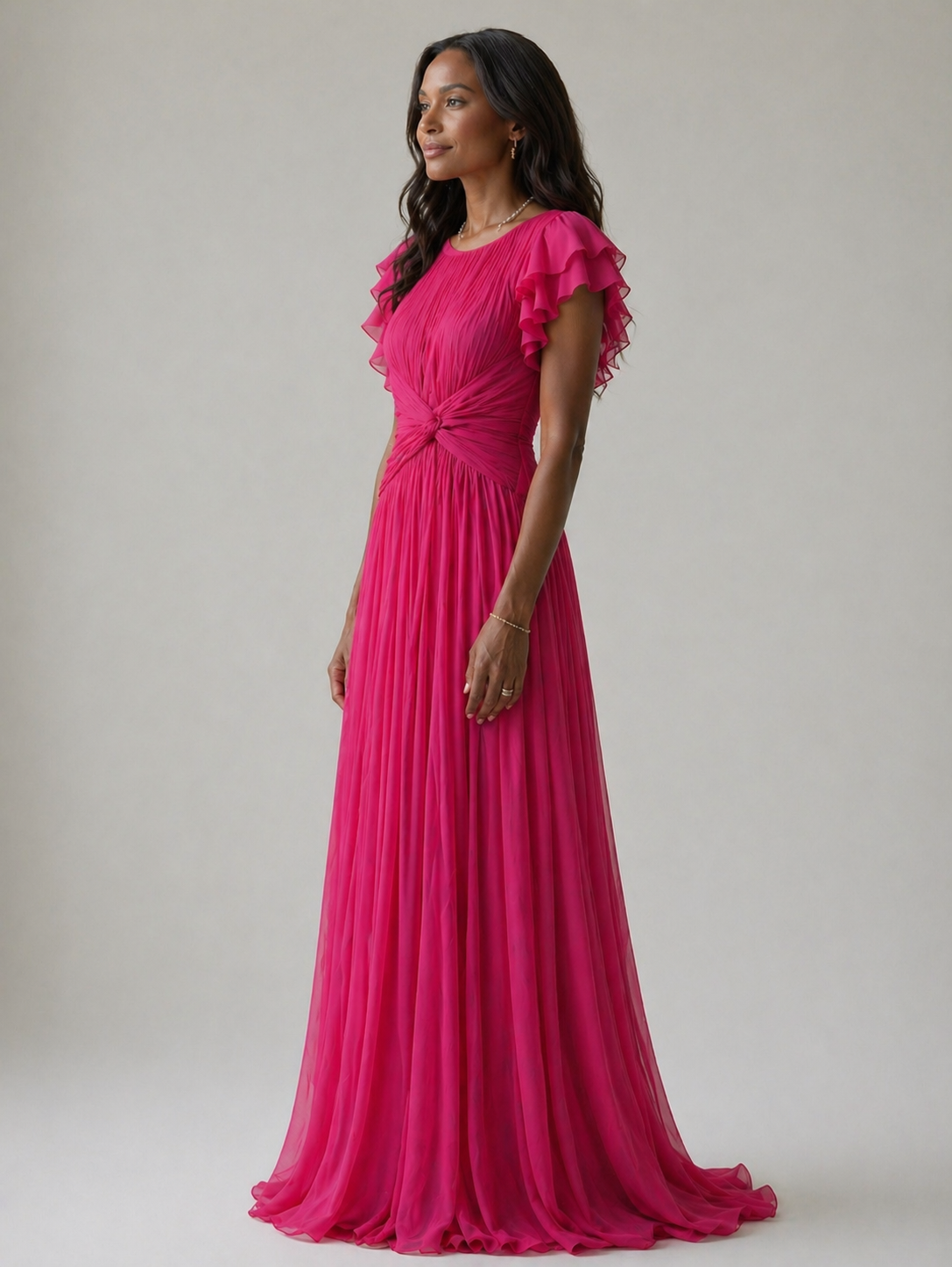 Round Neck Pleated Chiffon Flutter Sleeve Twist Front Maxi Gown 3