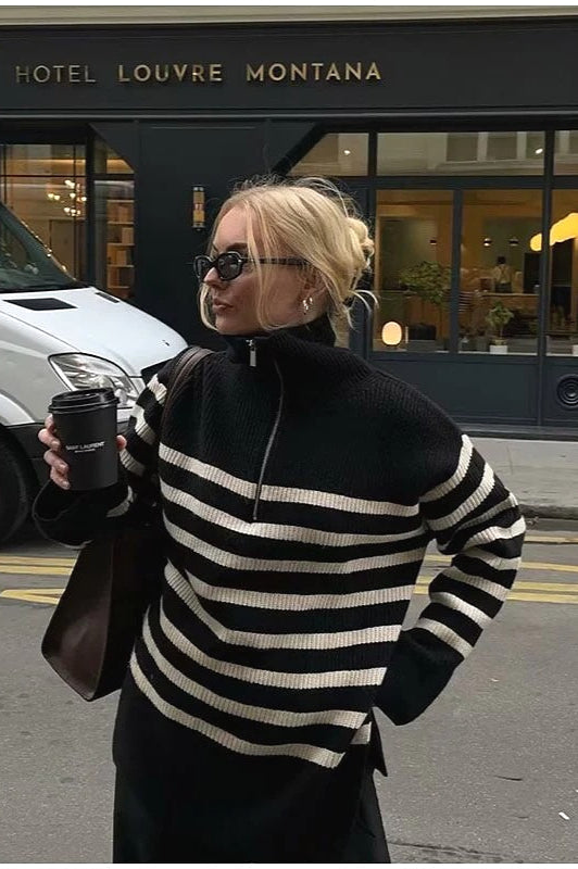 Laid-back Retro Lapel Half-zip Striped Sweater