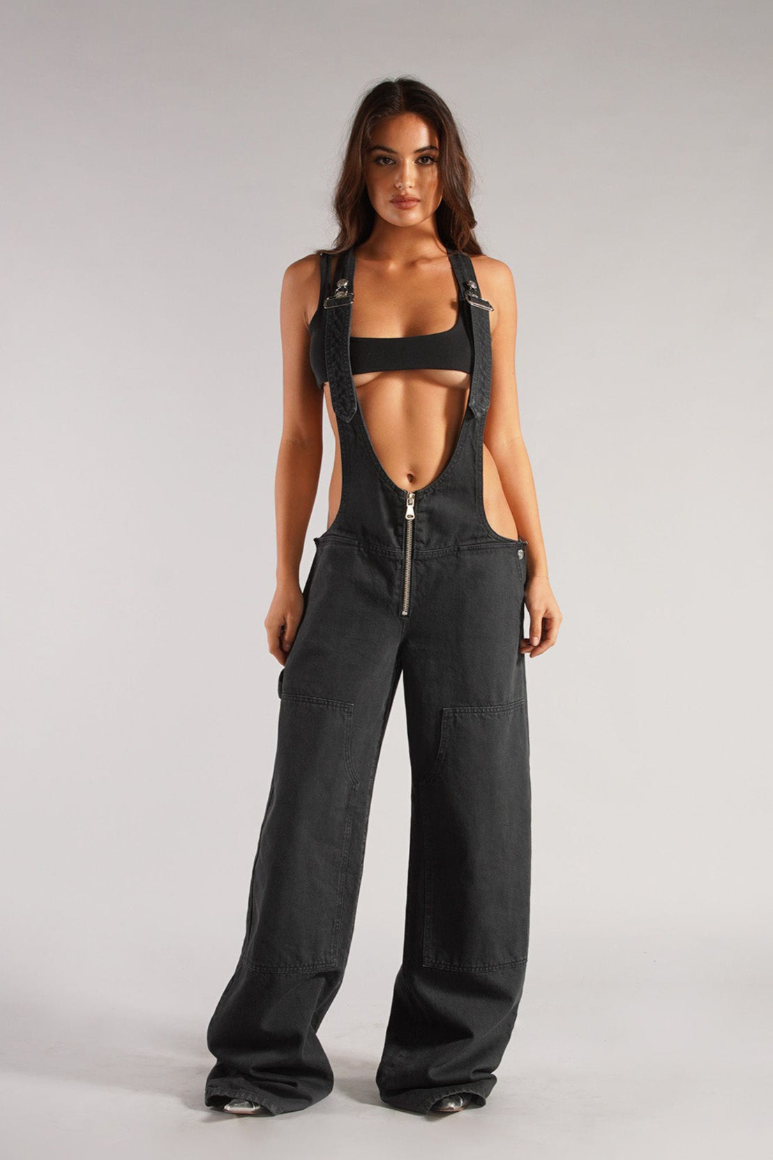 Street Style Low-Rise Suspender Wide-Leg Jeans