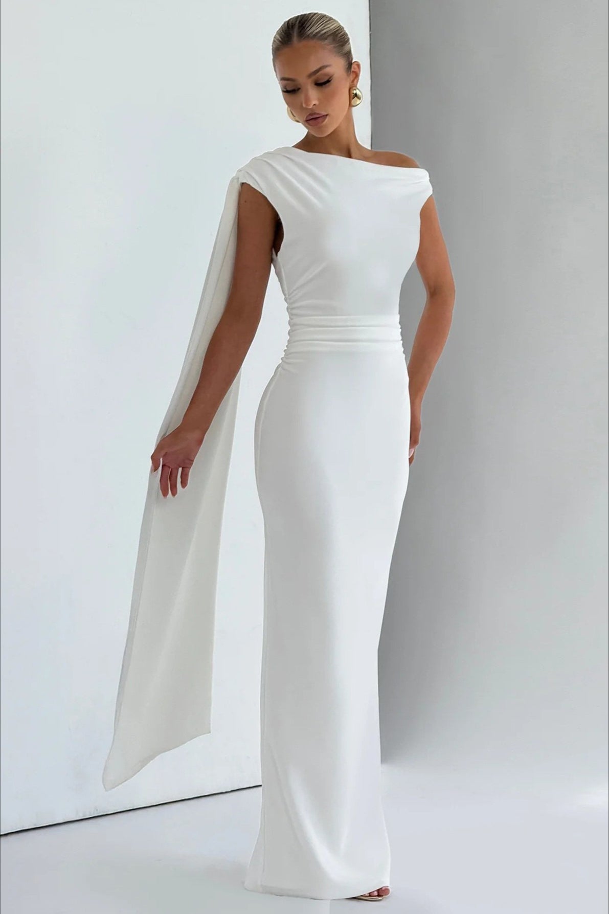 Sexy Asymmetrical Neck Long Sleeve Fitted Ruched High Waist Party Dress