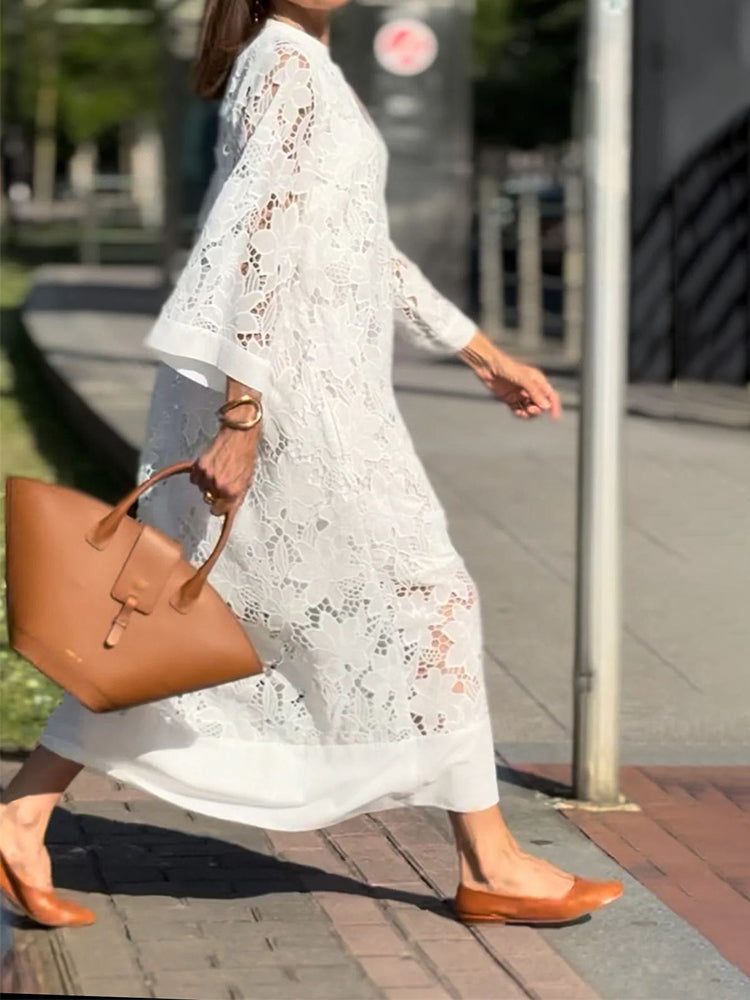 White Split Neck Floral Lace Cutout Long Sleeve A-Line Maxi Dress